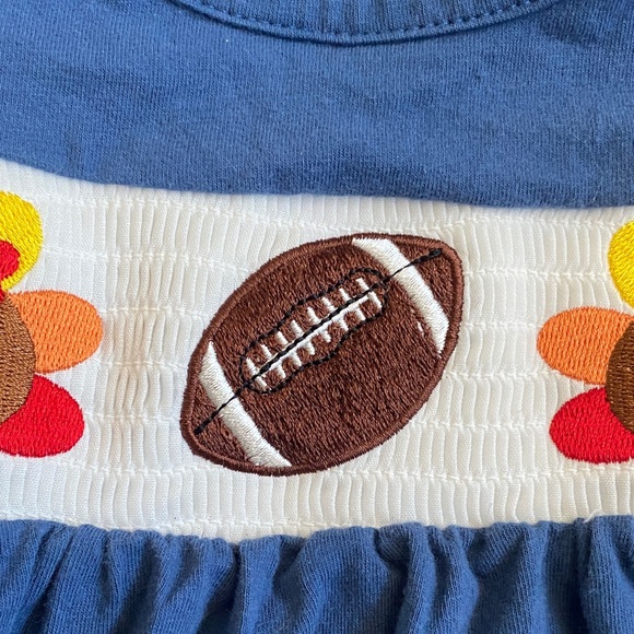 Blue with orange/white check sleeves football/turkey ruffle shirt, size 12-18 M - Picture 11 of 12